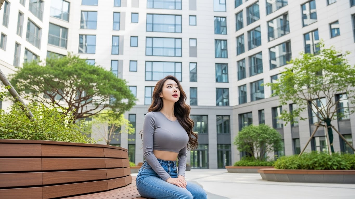 아파트 단지 안에 앉아있는 여성