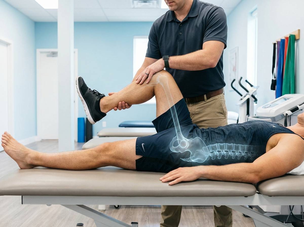 고관절을 회전시키며 관절막 내부의 유착을 해소하고 요추 중립을 유지하는 전문가의 재활 이미지