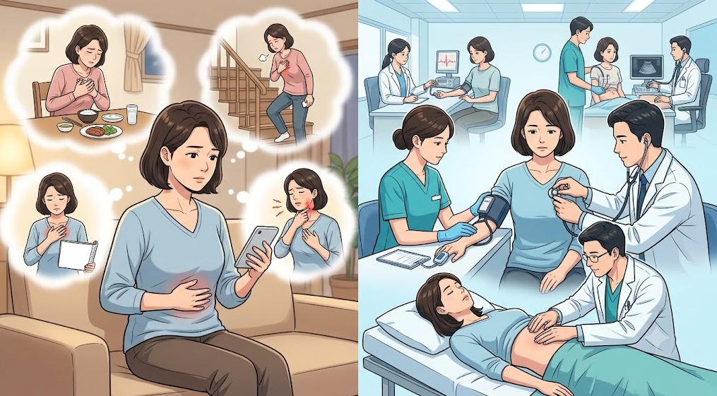 환자가 스스로 증상을 정리하는 모습과 의료진이 병원에서 직접 진찰 및 검사를 시행하는 모습을 비교한 일러스트