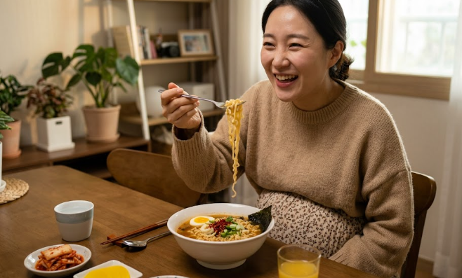 맛있는 라면을 먹고 즐거워하는 30대 한국인 임산부
