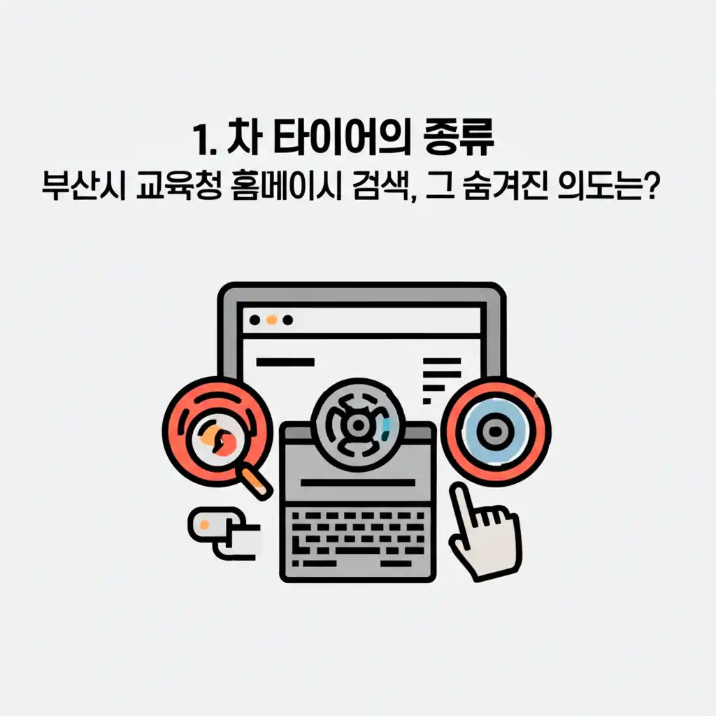 부산시 교육청 홈페이지 검색창에 '차 타이어의 종류'를 입력하여 숨겨진 의도를 파악하는 화면.