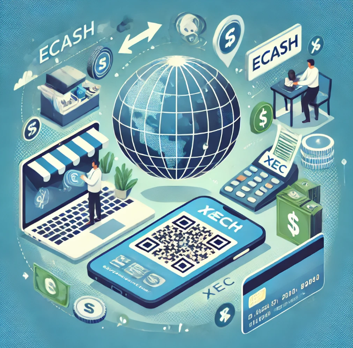 이캐시(XEC)를 사용한 다양한 결제 상황을 보여주는 일러스트레이션. 스마트폰으로 QR코드를 스캔하여 카페에서 결제하는 모습, 온라인 쇼핑몰에서 XEC로 결제하는 화면, 국제 송금을 상징하는 지구본과 화살표 등이 포함된 그래픽