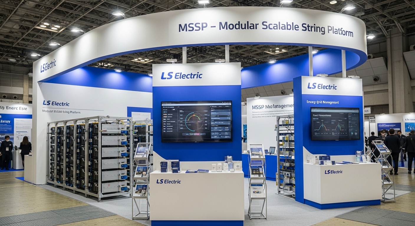 LS Electric ESS exhibition booth at Japanese smart energy expo. Modular battery rack systems labeled MSSP - Modular Scalable String Platform. Display screens showing energy grid management. Blue and white corporate design. Tokyo exhibition hall background. English labels only. Professional trade show photography style. No Korean text.