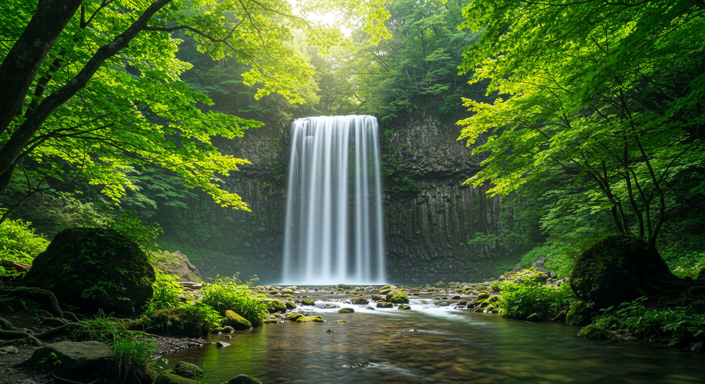 고베 누노비키 폭포, 푸른 숲으로 둘러싸인 맑은 물줄기와 자연광이 비치는 풍경