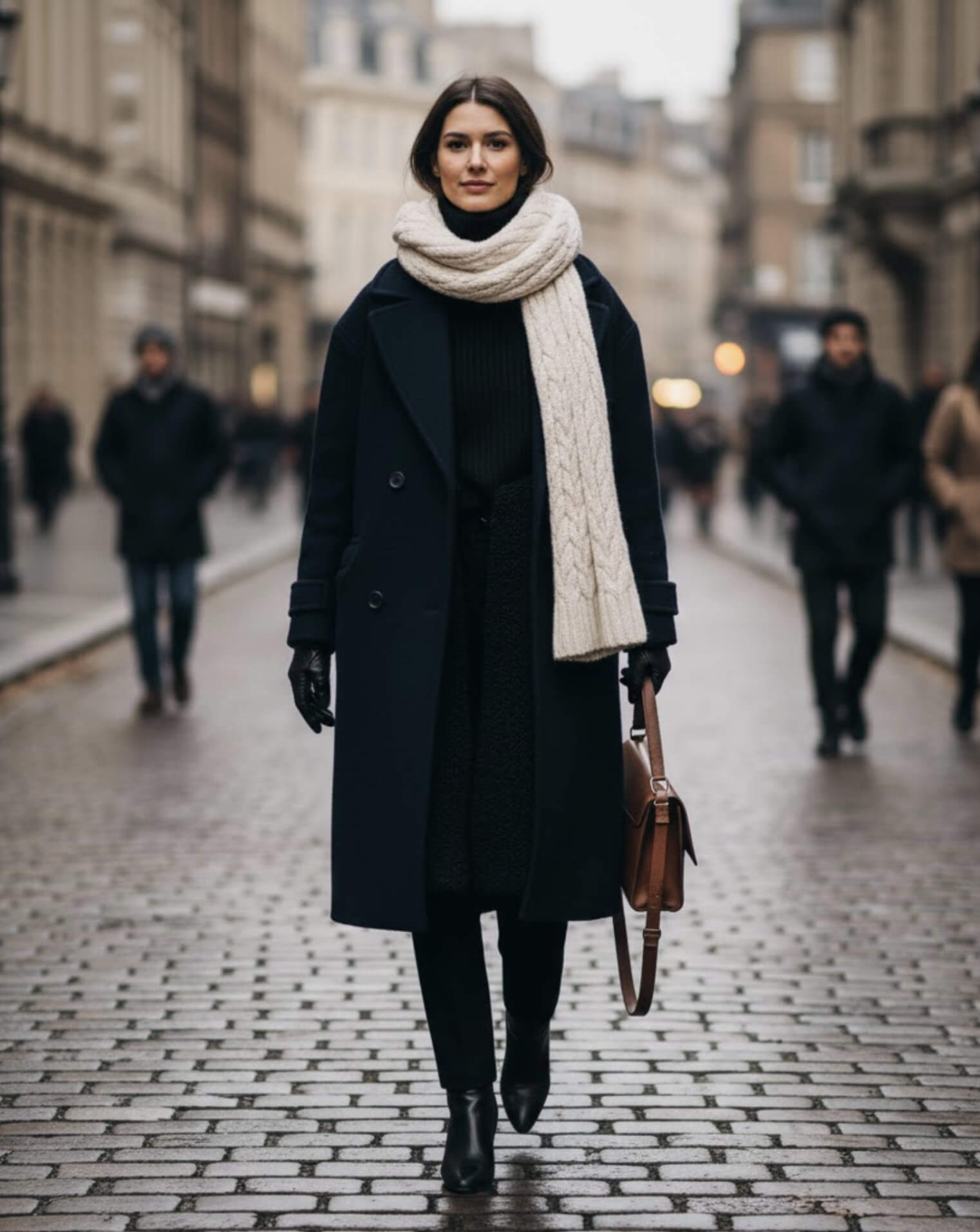 두꺼운 울 코트를 입고있는 여성. 보온성을 극대화한 겨울 코디