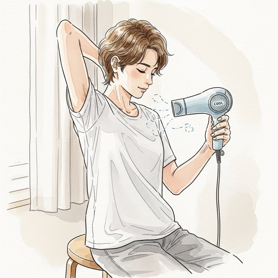 헤어드라이어의 시원한 바람으로 피부를 말리는 모습