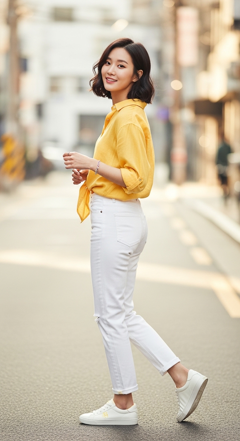 화사한 버터 옐로우 컬러의 상의와 화이트 데님을 매치한 상큼한 코디