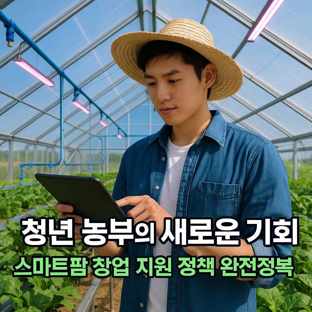 스마트팜 온실에서 태블릿으로 데이터를 확인하는 청년 농부