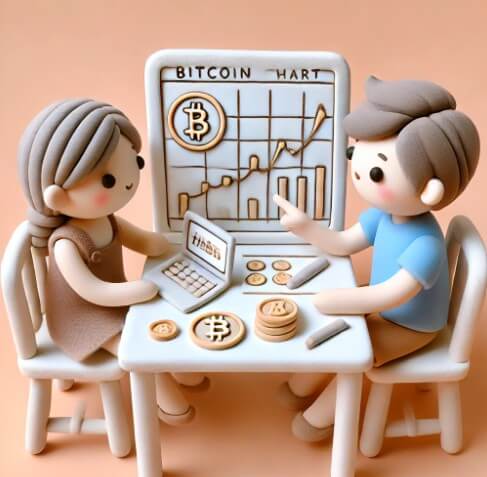 비트코인 차트 기술 분석 지표를 같이 공부하는 두 친구를 클레이 아트로 표현한 그림