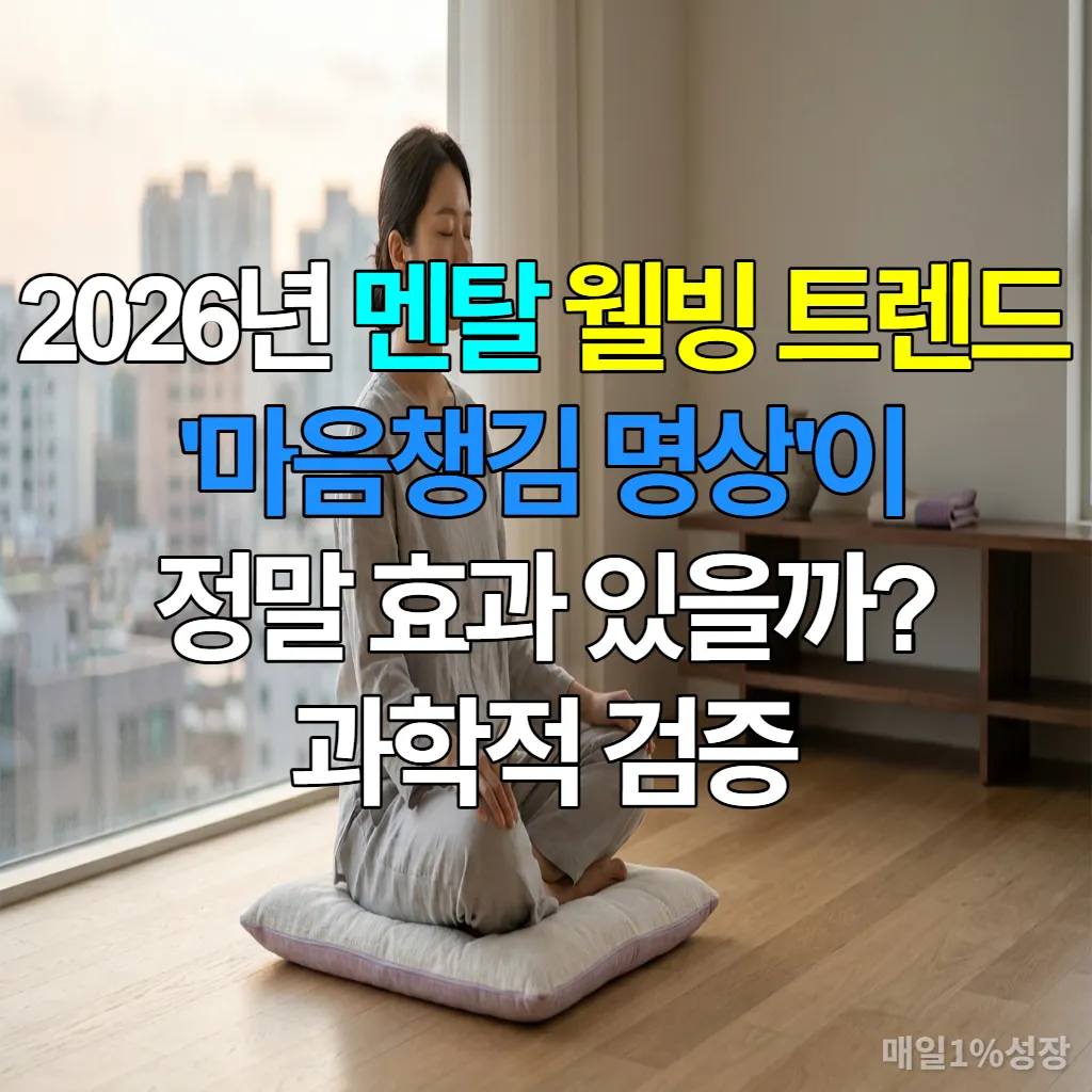 차분한 표정으로 명상하는 젊은 한국 여성의 모습. 현대적인 한국 아파트에서 햇살을 받으며 앉아 있습니다.