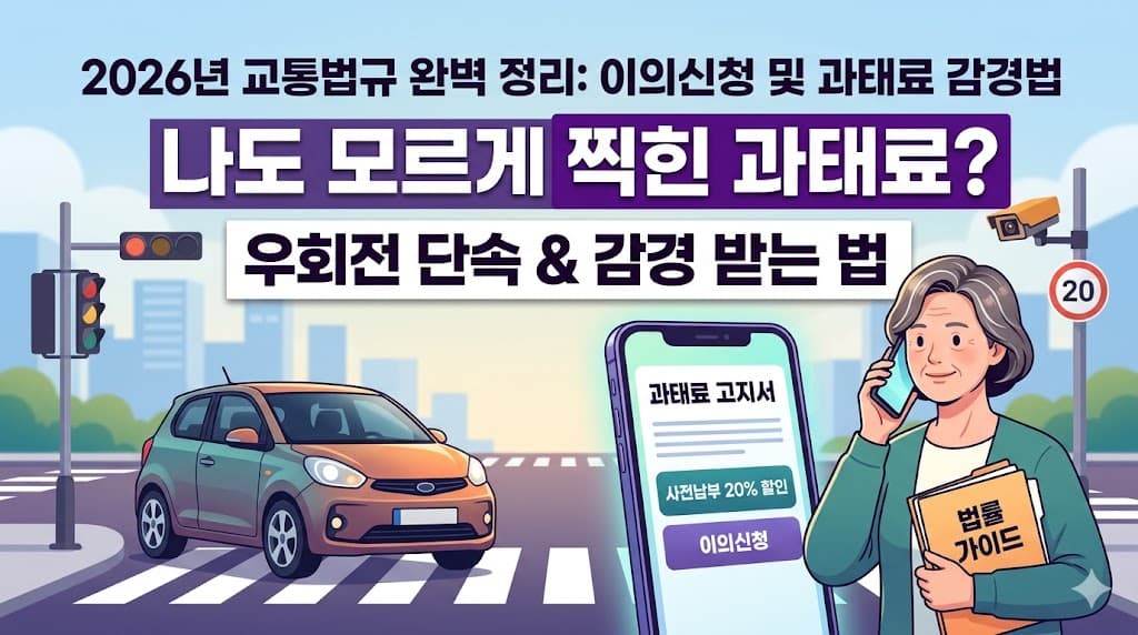 도로 위 교통 단속 카메라와 자동차, 과태료 고지서를 확인하는 운전자의 모습 및 이의신청 법률 서류 이미지