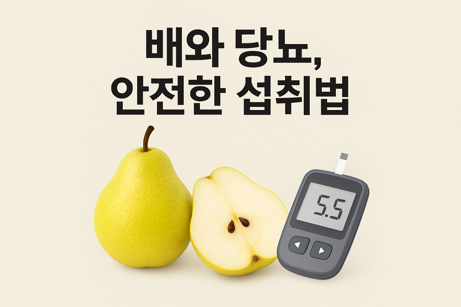 배와 당뇨 &ndash; 당뇨 환자의 혈당 관리에 적합한 과일 섭취를 주제로, 잘 익은 배와 혈당 측정기를 함께 배치한 건강 관리용 이미지