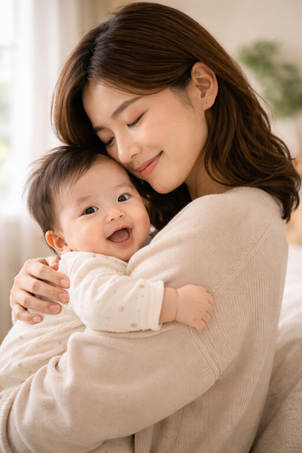 아기를 엄마가 꼭 안고 사랑스러워하고 있는 모습