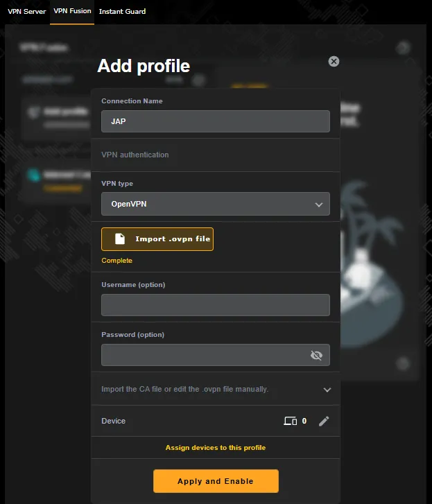 지역 제한 해외 넷플릭스 Asus VPN Fusion 라우터 VPN Fusion Add profile VPN type OpenVPN Name