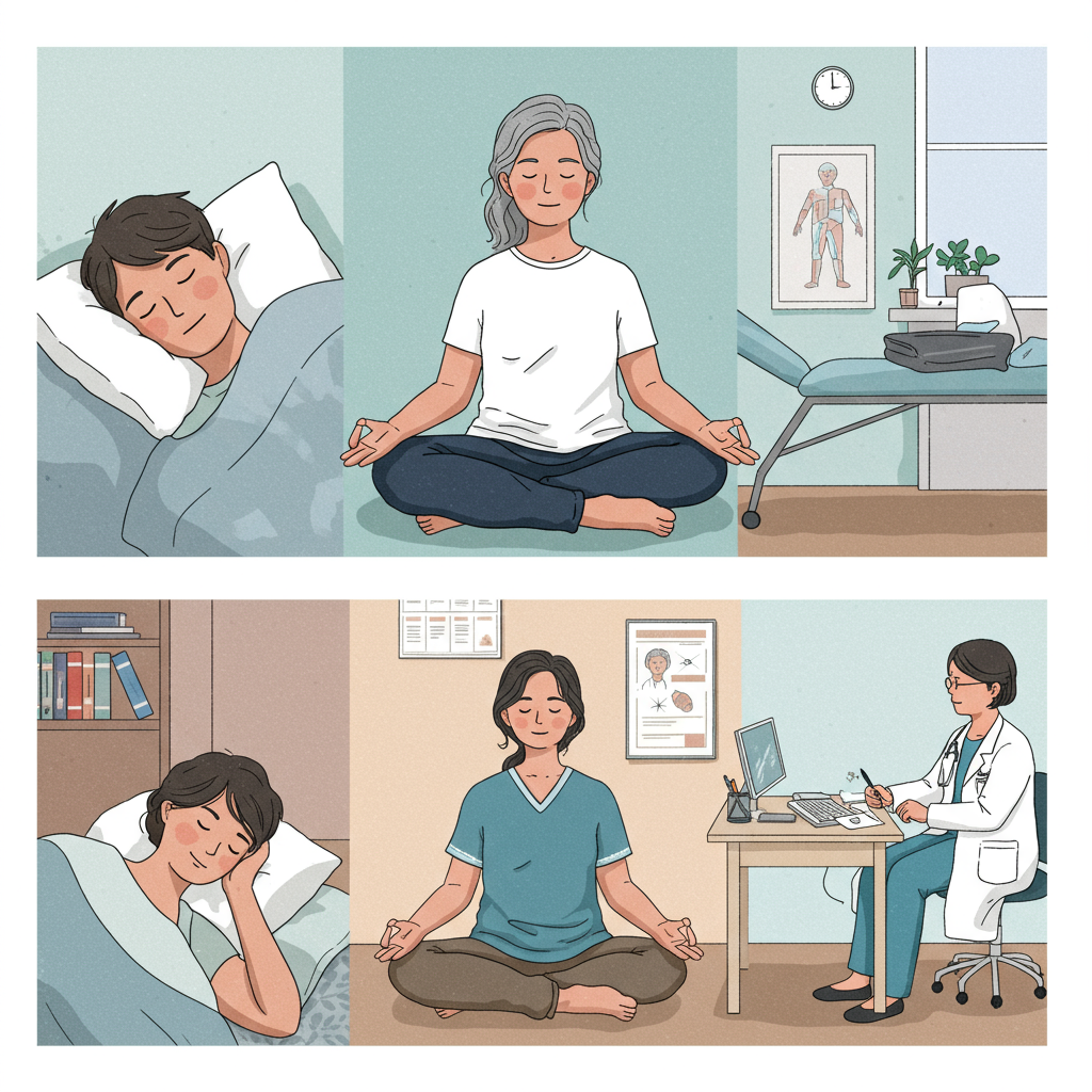중년 여성의 수면, 스트레스 관리, 정기 건강 검진 중요성 이미지