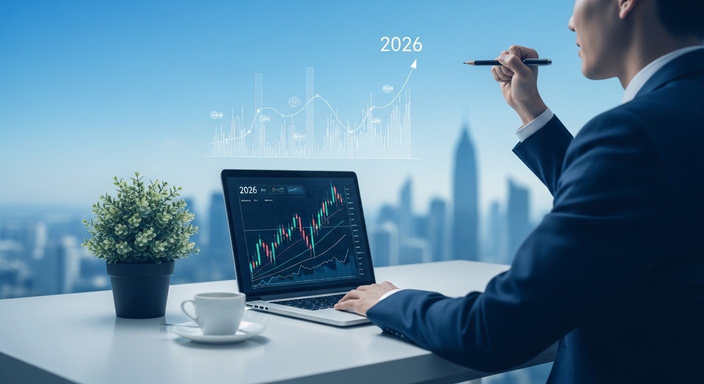 2026년 주식 시장 트렌드를 분석하며 월 100만원 수익을 목표로 하는 초보 투자자의 성공적인 모습을 담은 이미지.