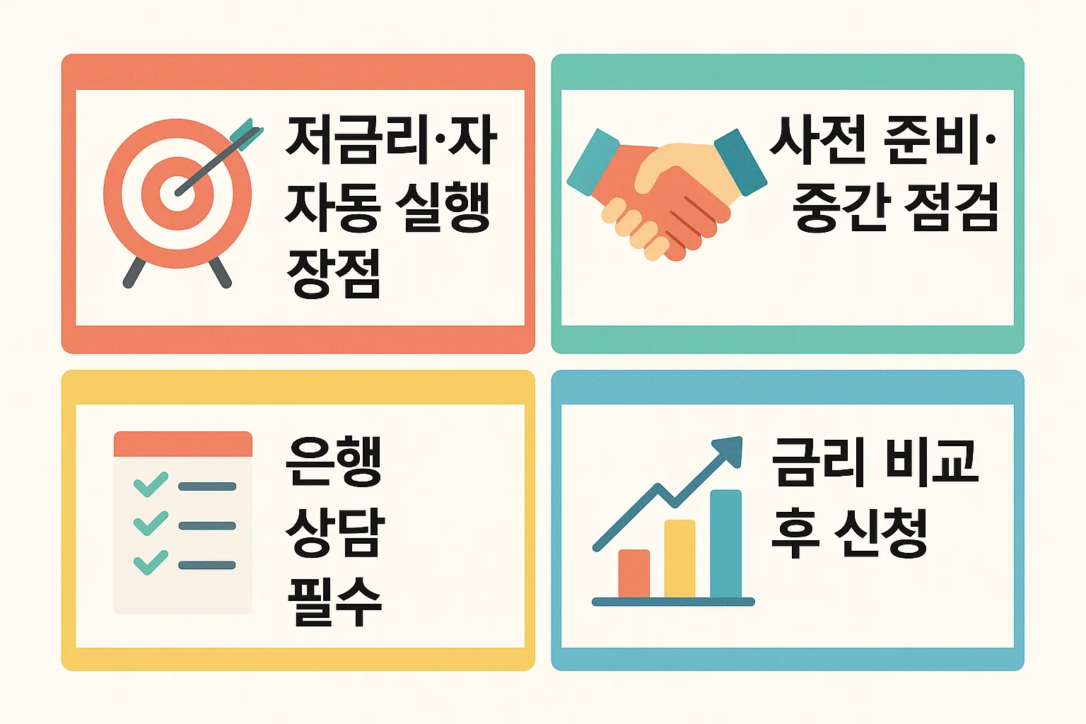 저금리·자동실행 장점, 사전 준비·중간 점검, 금리 비교 후 신청, 은행 상담 필수 등 이용자 추천 포인트를 단계별로 정리한 인포그래픽.