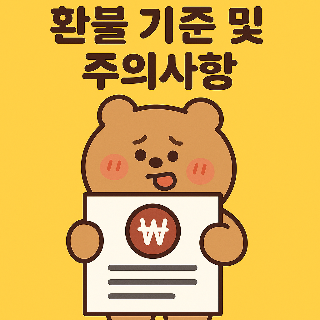 환불 기준과 주의사항을 귀여운 곰 캐릭터가 설명하는 카카오 이모티콘 관련 안내 일러스트 이미지