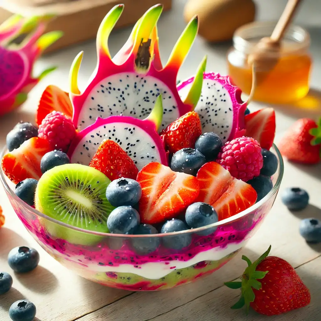 용과, 딸기, 블루베리, 키위가 담긴 컬러풀한 샐러드 그릇에 꿀과 요거트가 토핑된 건강한 디저트 이미지