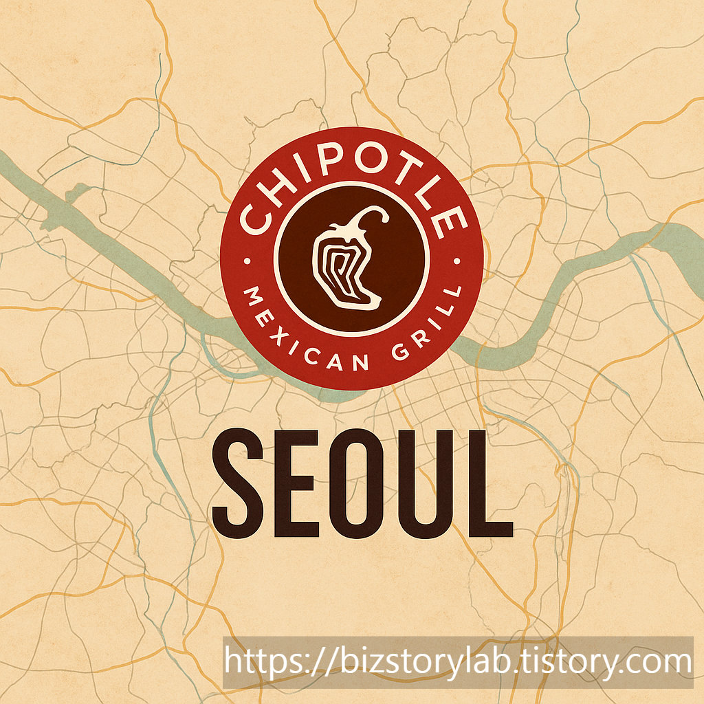 치폴레 한국 1호점 소식을 전하는 일러스트, 서울 지도와 로고 결합