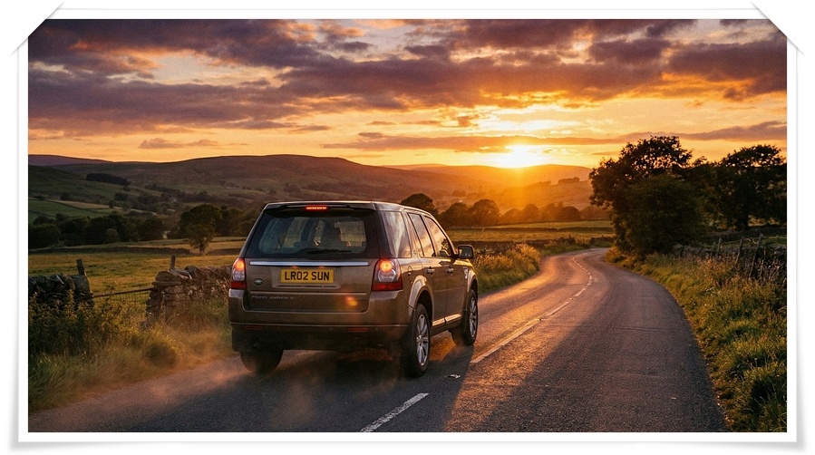 노을 지는 도로 위 랜드로버 프리랜더 감성적인 후면 전경