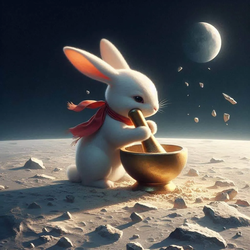 달 표면 위에서 붉은 스카프를 두른 하얀 토끼가 황금빛 절구에 무언가를 찧고 있다. 부드러운 달빛이 비추는 가운데, 절구에서 튀어 오른 조각들이 우주 공간을 향해 흩어지고, 배경에는 지구가 희미하게 떠 있다.