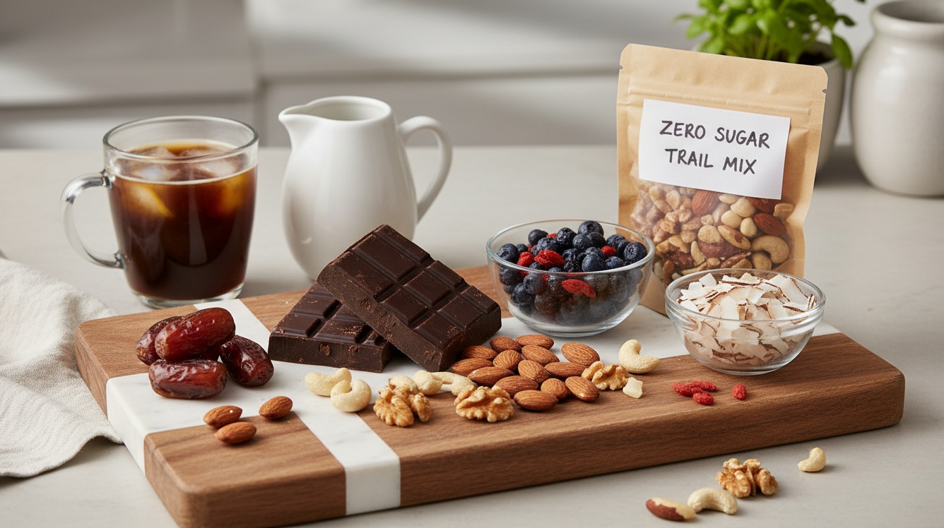 가공되지 않은 견과류, 다크 초콜릿 등 건강한 제로슈거 간식 이미지