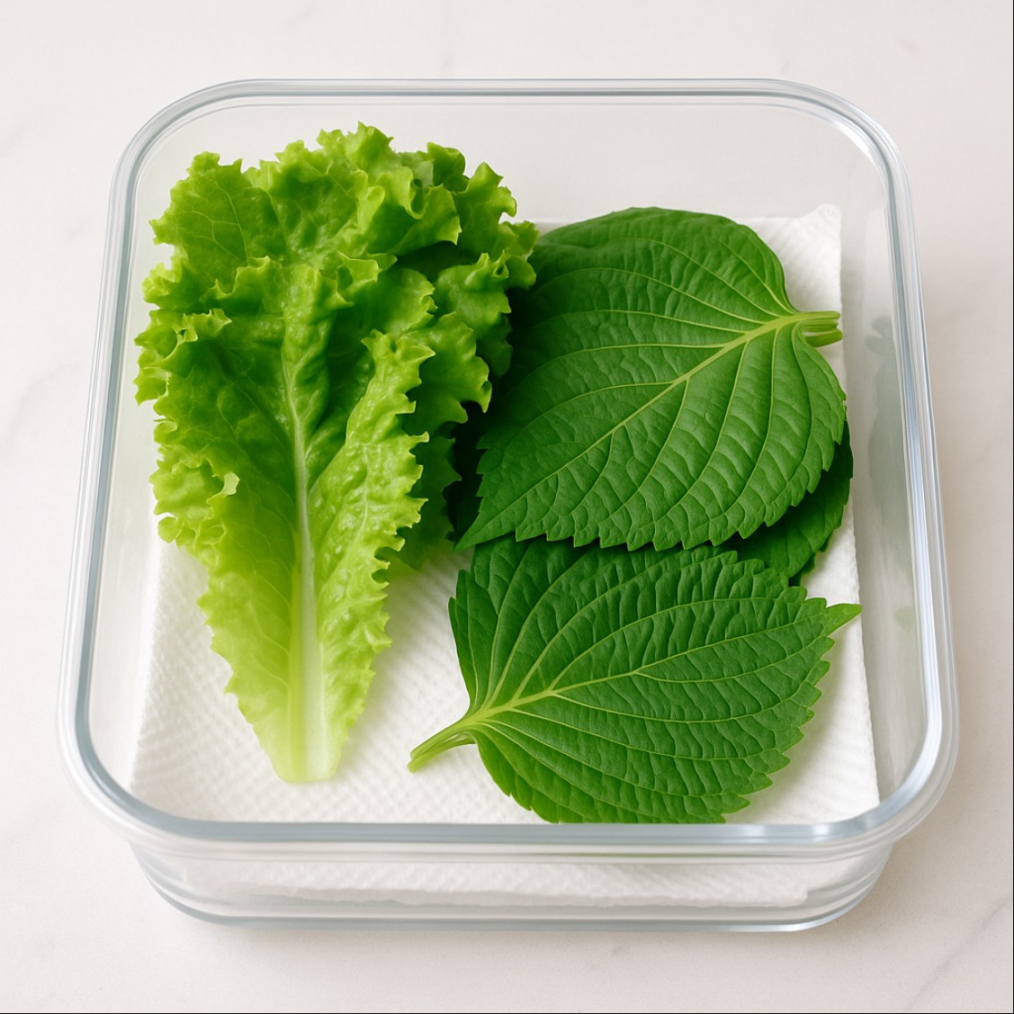상추와 깻잎을 밀폐용기에 키친타월과 함께 신선하게 보관한 모습