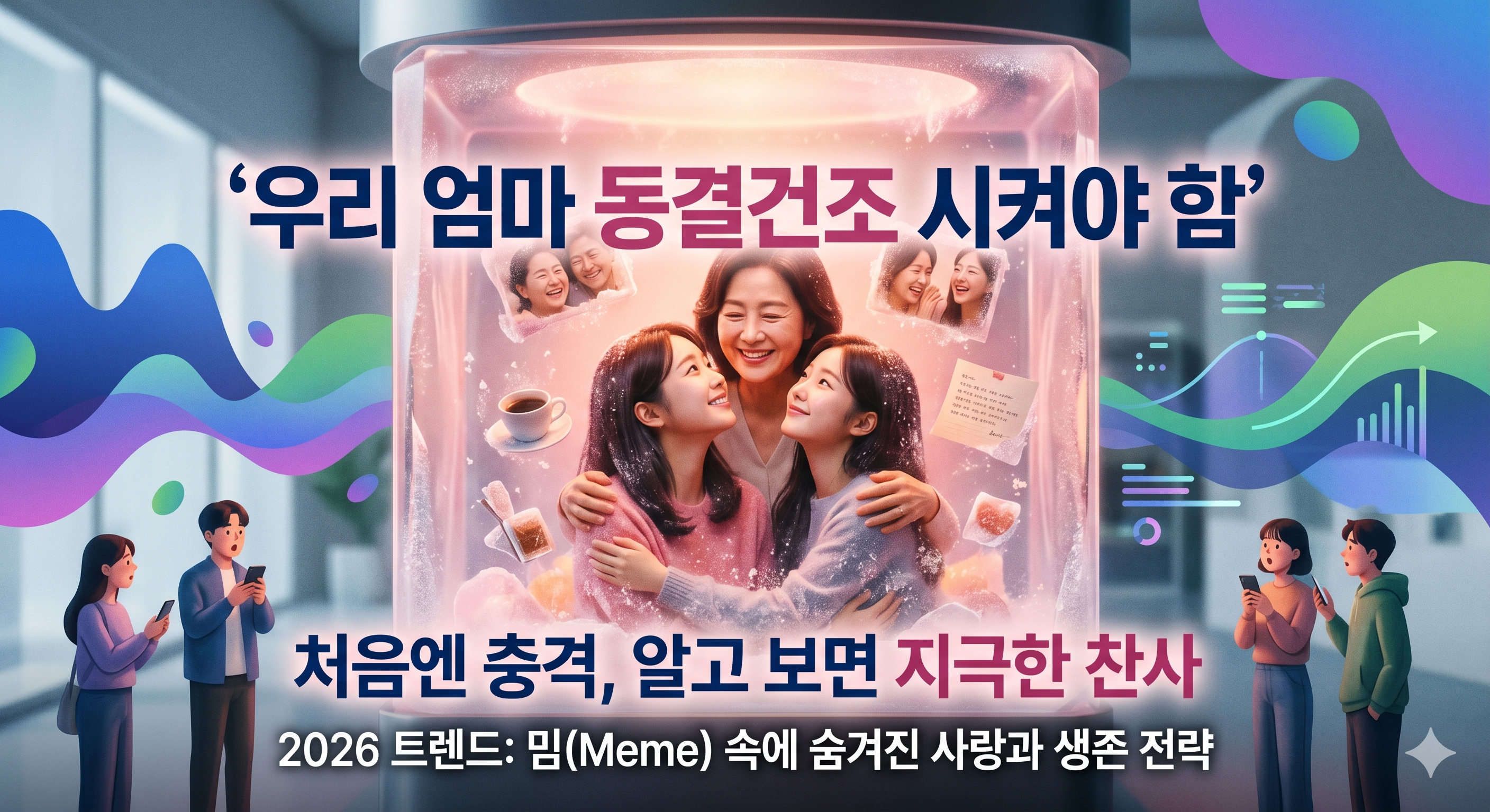 "엄마를 동결건조하고 싶어"라는 충격적인 Z세대 밈(Meme) 문구가 새겨진 유리 용기 안에, 어머니가 환하게 웃으며 자녀를 안아주는 행복한 순간이 얼음 결정과 따뜻한 핑크빛 오라 속에 박제되어 있다. 냉동 기술과 인간의 감정이 만나는 역설적인 상황을 표현하며 호기심을 자극하는 이미지.