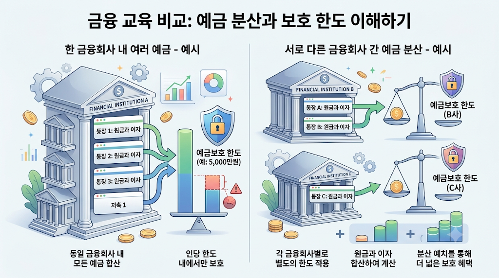 한 금융회사와 서로 다른 금융회사에 예금을 나눠 둔 경우의 보호 한도 비교 그림