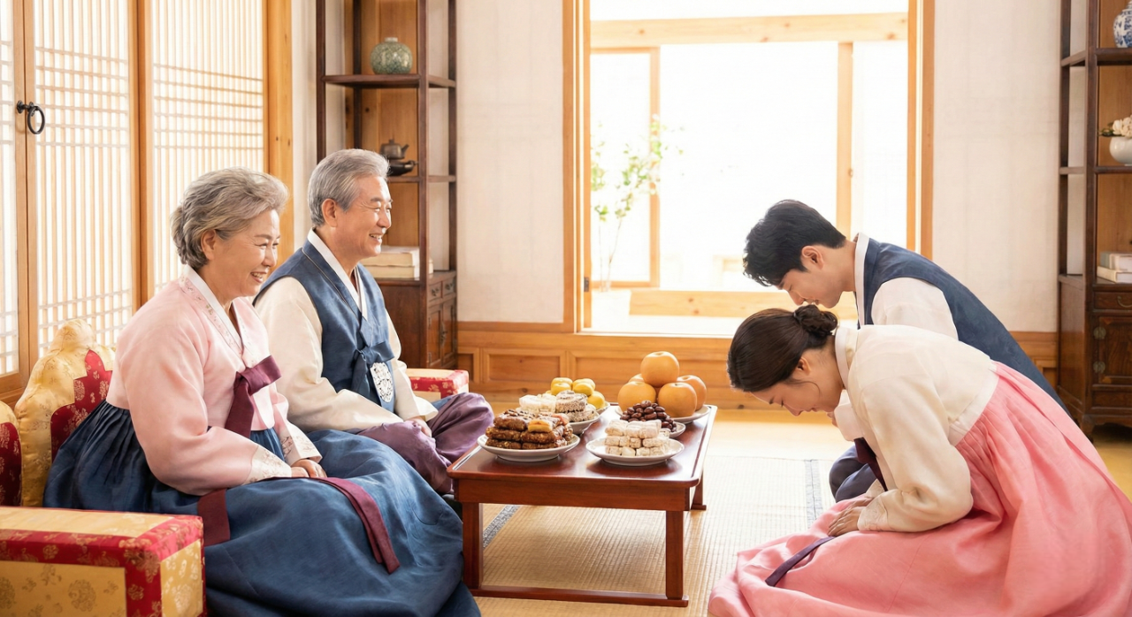 전통 한옥에서 한복을 곱게 차려입은 젊은 부부가 다과상이 놓인 테이블 건너편의 부모님께 세배를 올리는 설날 풍경