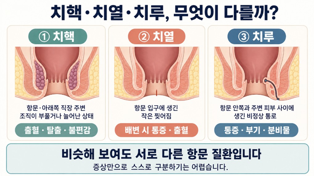 치질 증상과 관련해 치핵 치열 치루가 발생하는 위치와 특징의 차이를 설명한 의료 인포그래픽