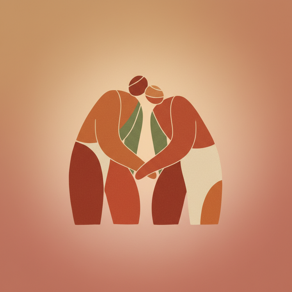 따뜻한 미소를 지으며 서로에게 기대어 서 있는 두 친구, 저녁노을 아래 친밀함을 나누는 모습.