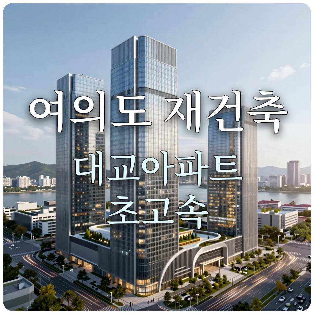 여의도 한강변에 우뚝 선 초고층 미래형 아파트 단지 이미지