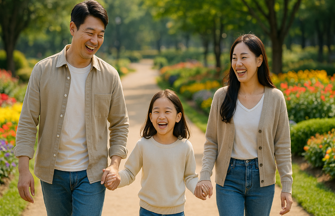 아이에 대한 미운 감정을 책으로 극복하고 공원으로 함께 산책을 나간 가족 모습