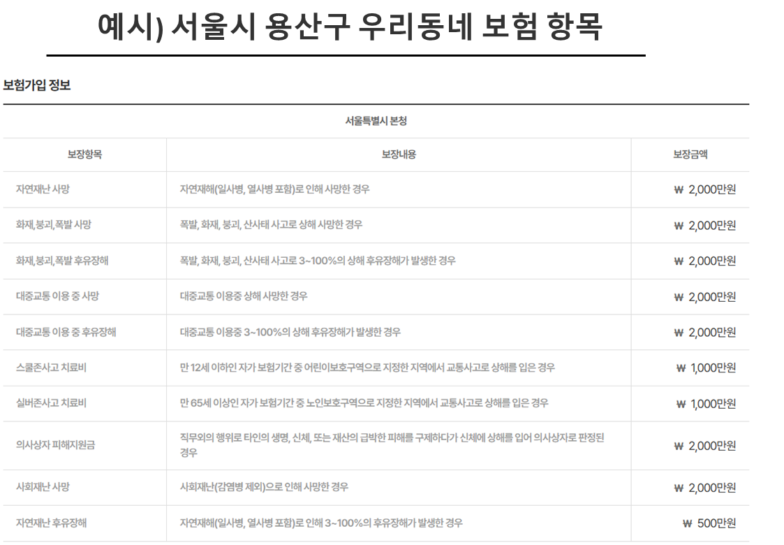 예시) 서울시 용산구 우리동네 보험 항목
