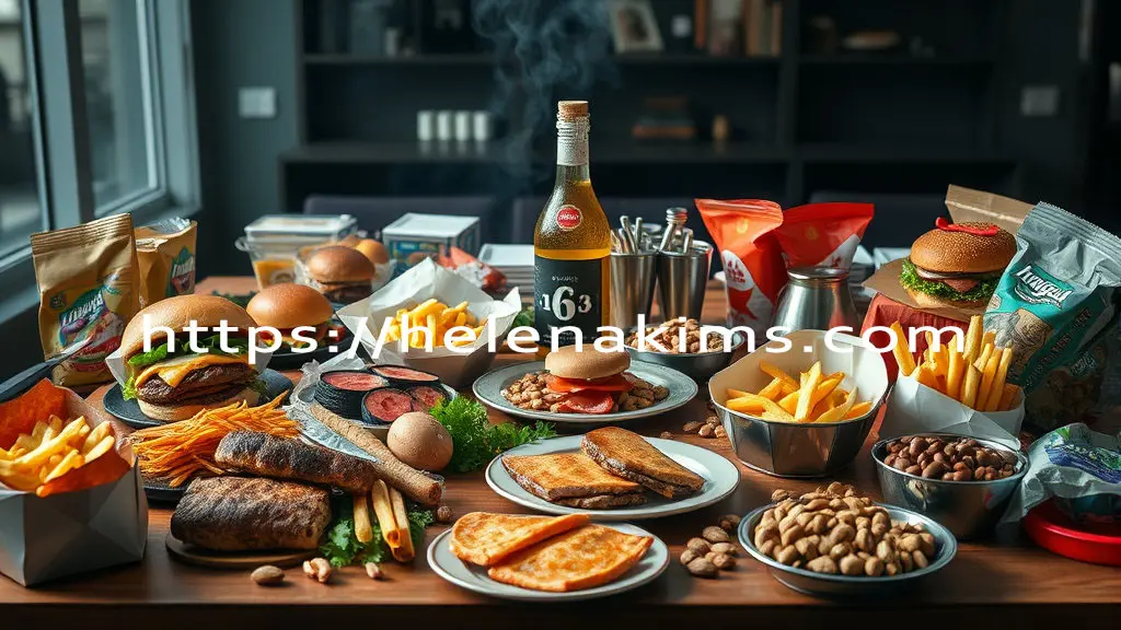 주방 식탁 위에 햄버거, 감자튀김, 과자, 오메가-6 오일 병 등이 놓여 있는 모습