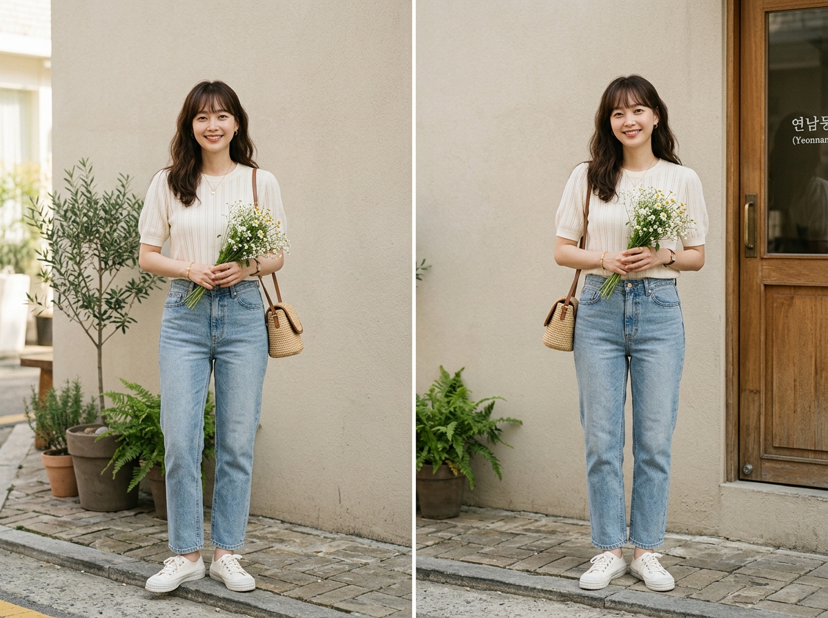 Close-up fashion styling shot of an ivory knit top paired with light-washed straight denim, texture contrast visible, Korean summer date outfit, soft natural lighting, minimal aesthetic, neutral beige background
