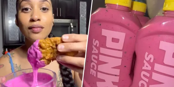 a tiltoker eating chicken with viral pink sauce