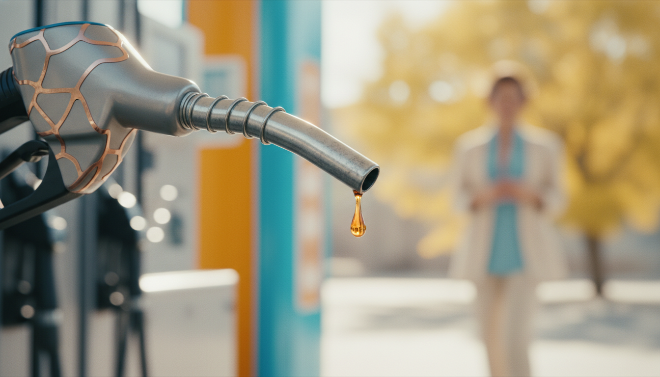 현대적인 주유소 주유구에서 기름 한 방울이 떨어지는 모습을 아주 가까이서 포착한 시네마틱 매크로 사진, 어둡고 무거운 배경, 극적인 조명, 극강의 디테일.