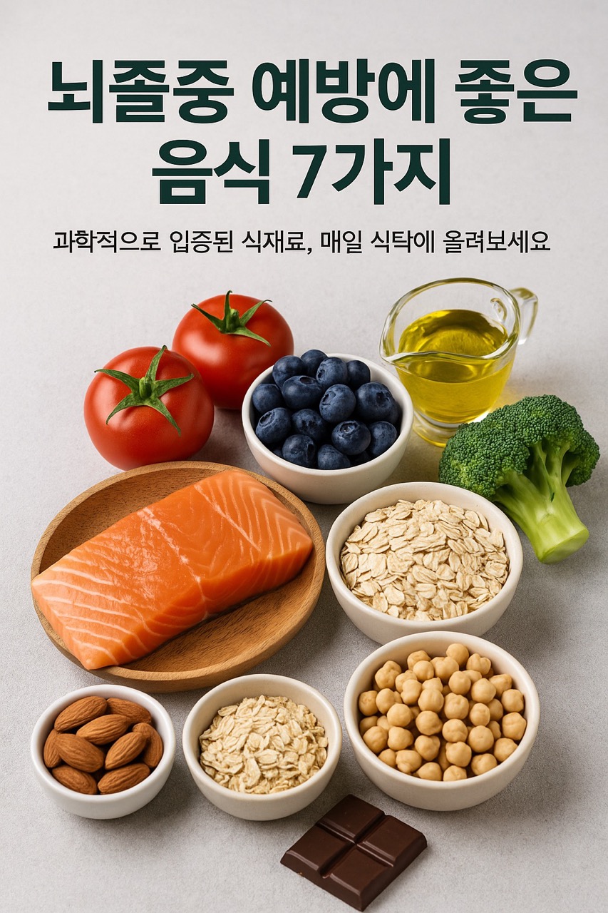뇌졸중 예방에 좋은 7가지 식품(연어, 토마토, 블루베리, 브로콜리, 올리브유, 귀리, 아몬드, 병아리콩, 다크초콜릿)을 정갈하게 배치(출처: 자체제작)