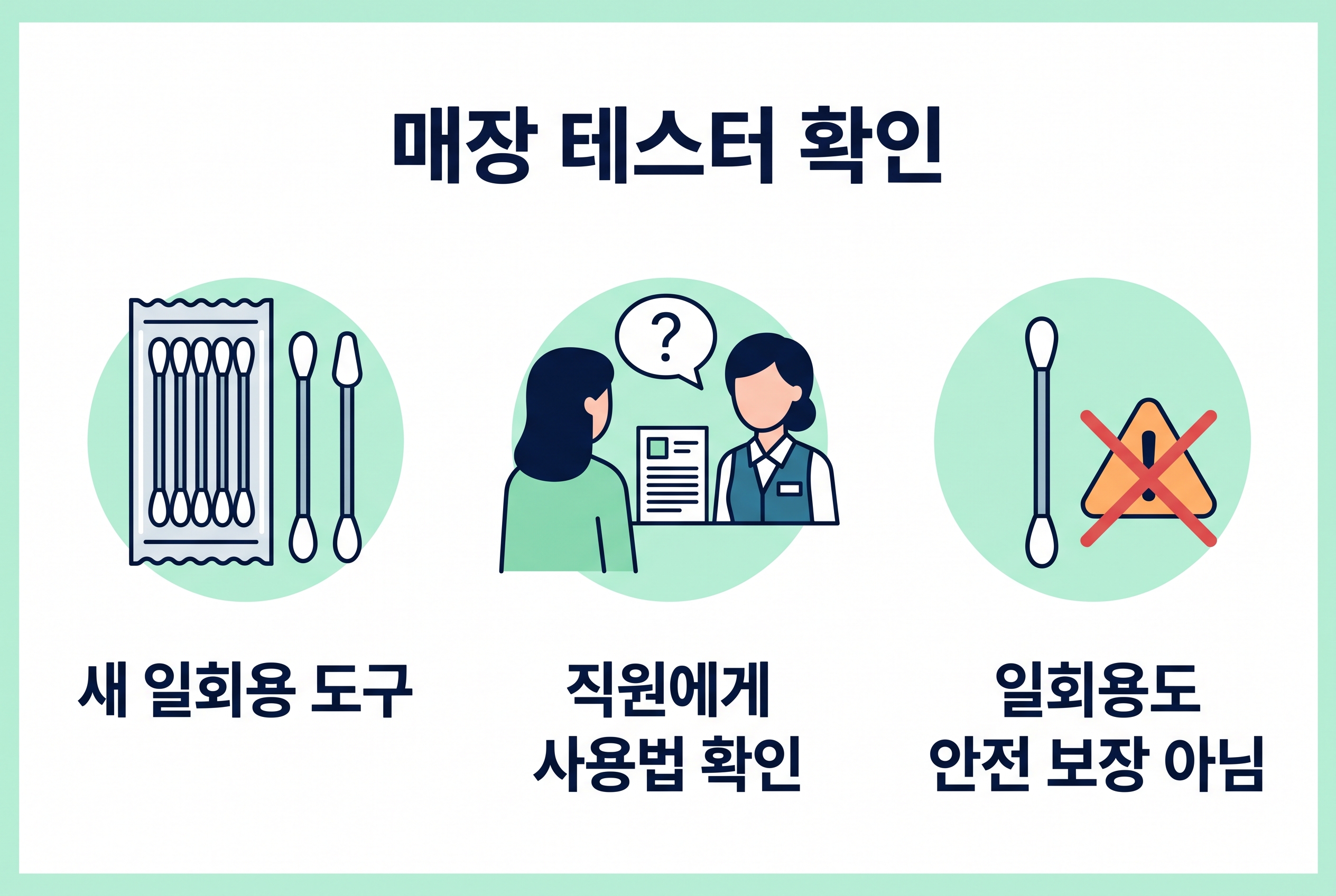 일회용 면봉 사용과 공용 테스터 직접 사용 회피를 보여 주는 일반 화장품 매장 도식