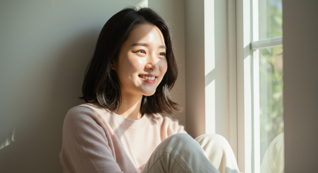 따뜻한 햇살 속에서 미소 짓는 한국인 여성