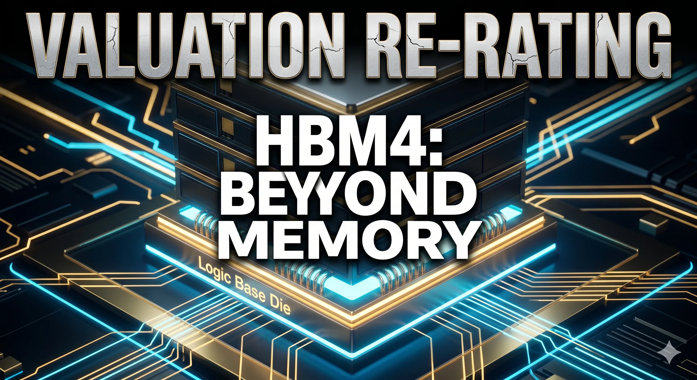 HBM4: 메모리 적층 구조와 하단 로직 다이의 발광을 통해 묘사한 차세대 반도체 리레이팅 대표 이미지 by Finory