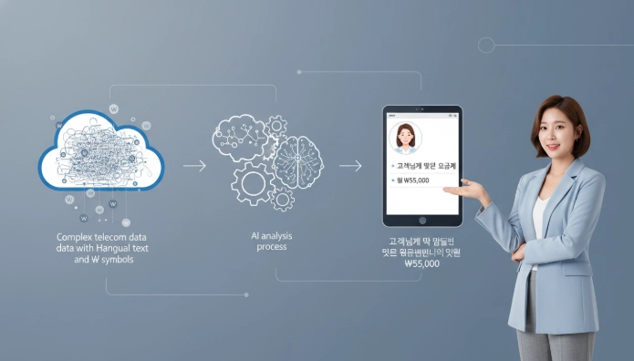 복잡한 통신 데이터를 AI가 분석하여 개인에게 최적화된 요금제를 추천하는 과정을 보여주는 인포그래픽.