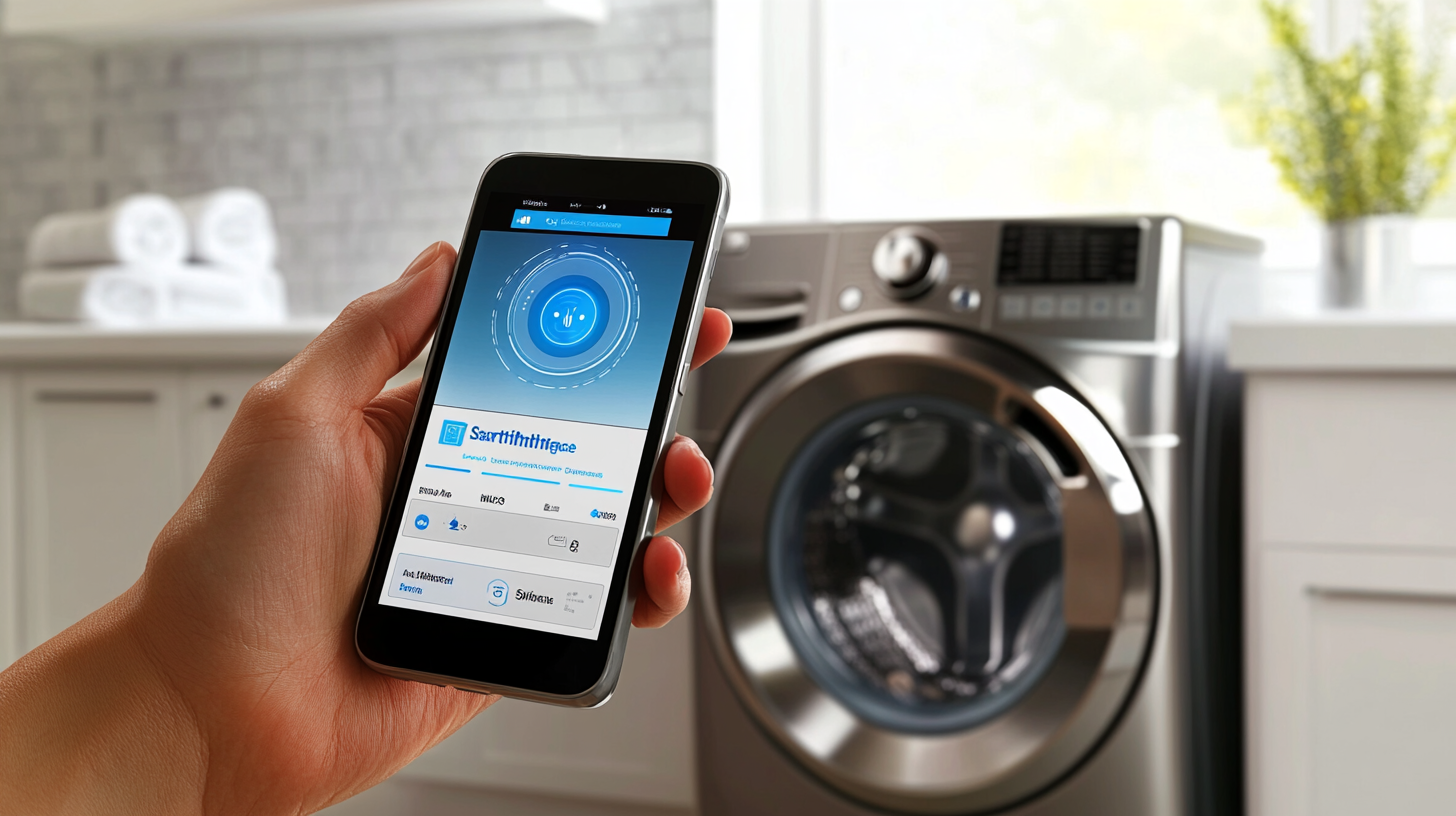 스마트폰으로 원격 제어되는 세탁기, SmartThings 앱 화면이 세탁 상태를 표시하며, 세련된 메탈릭 디자인의 세탁기가 배경에 보입니다. WD25DB8995BC