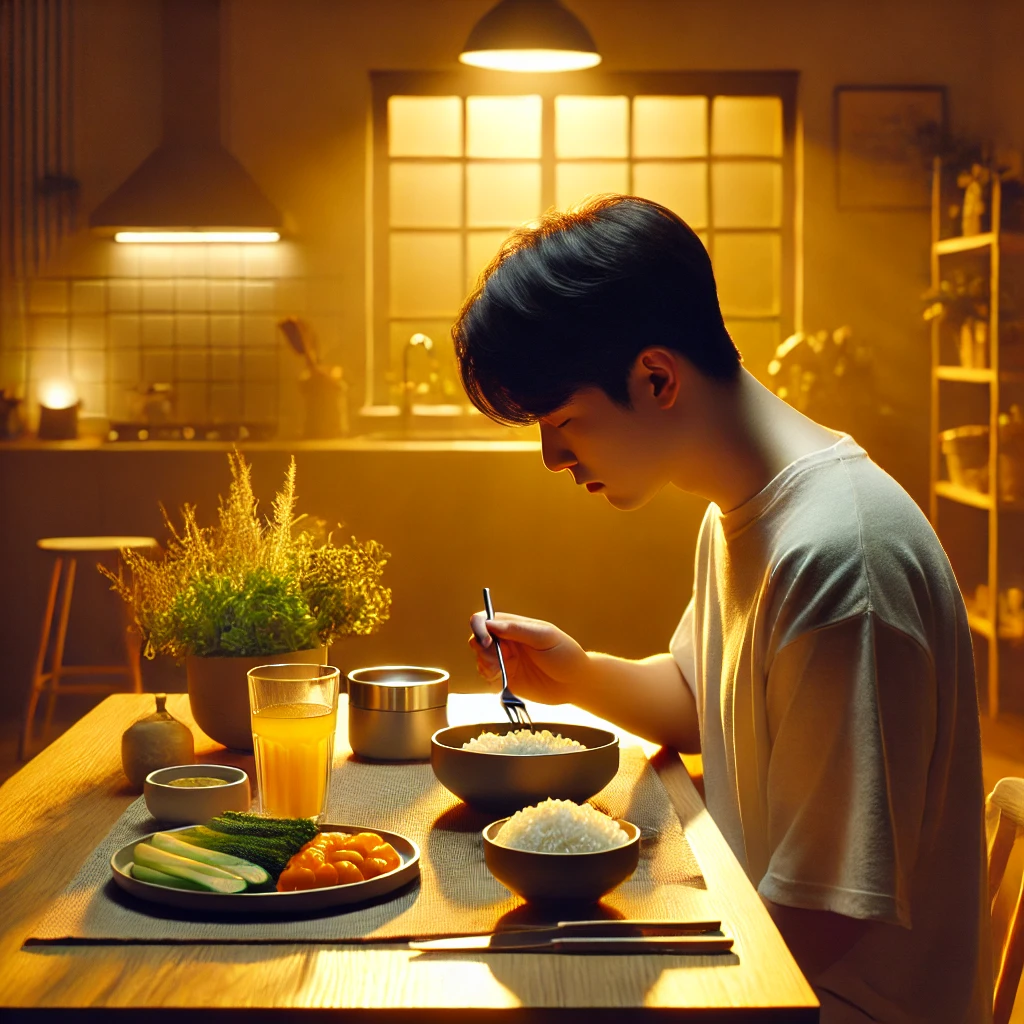 따뜻한 조명 아래 숙면에 좋은 식사를 하는 장