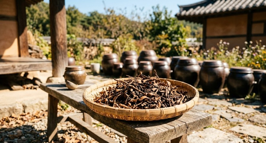 시골 장독대 옆, 햇볕이 잘 드는 곳에서 깨끗하게 손질되어 대나무 채반 위에서 바짝 말라가고 있는 갈색의 참나무 겨우살이 원물들