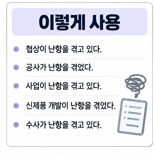 협상 공사 사업 개발 수사에서 난항을 겪다 표현을 사용하는 예문을 정리한 이미지