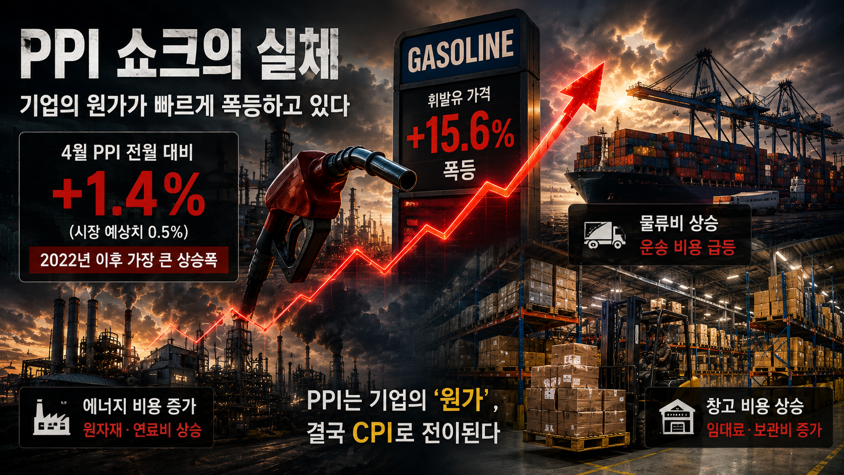 휘발유 가격과 물류비 상승으로 기업 원가 부담이 커지는 미국 PPI 인플레이션 이미지